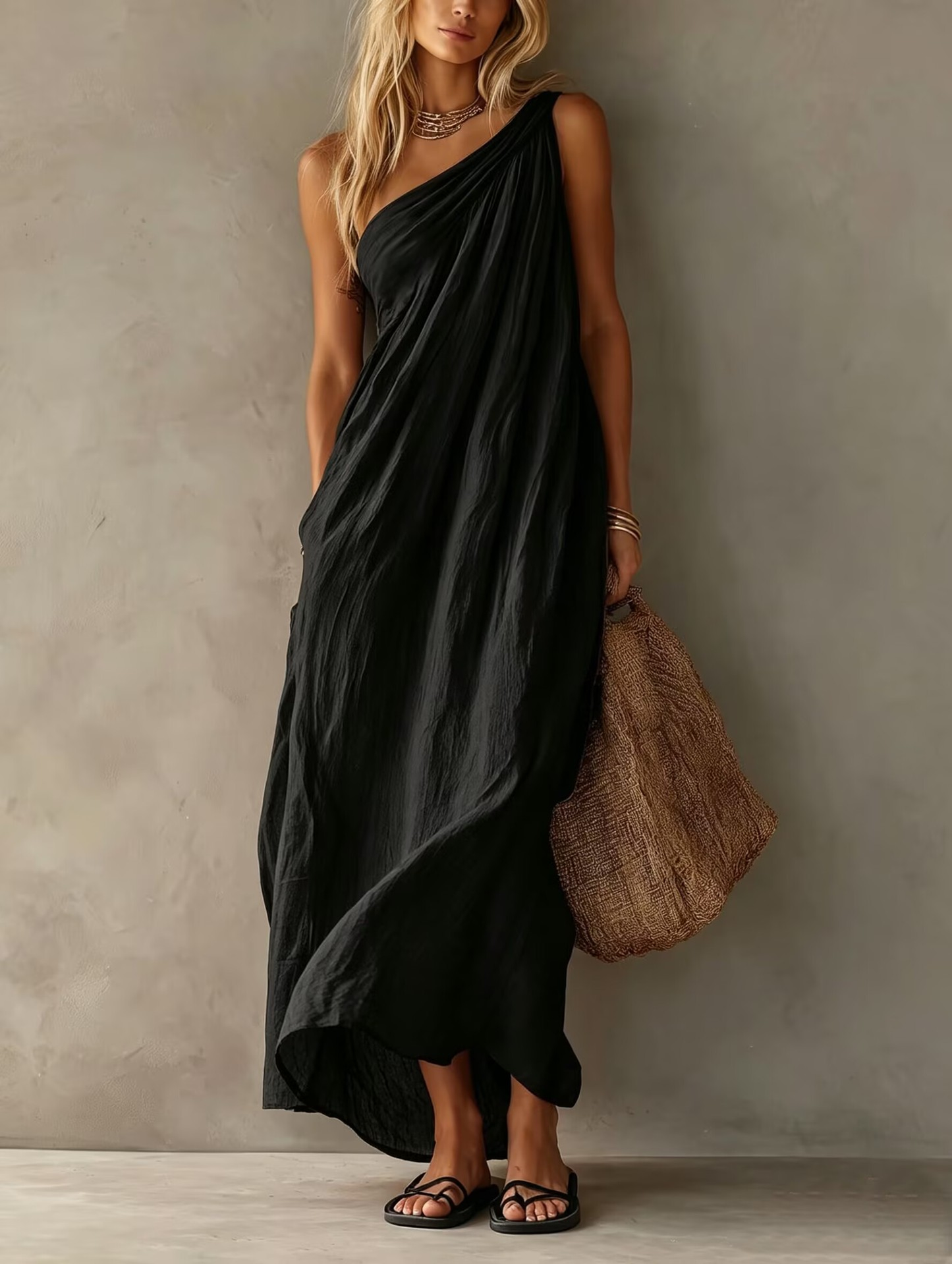 Effortless Draped Maxi Dress for Women with One Shoulder Sleeveless Ruched Flowing Bohemian Style