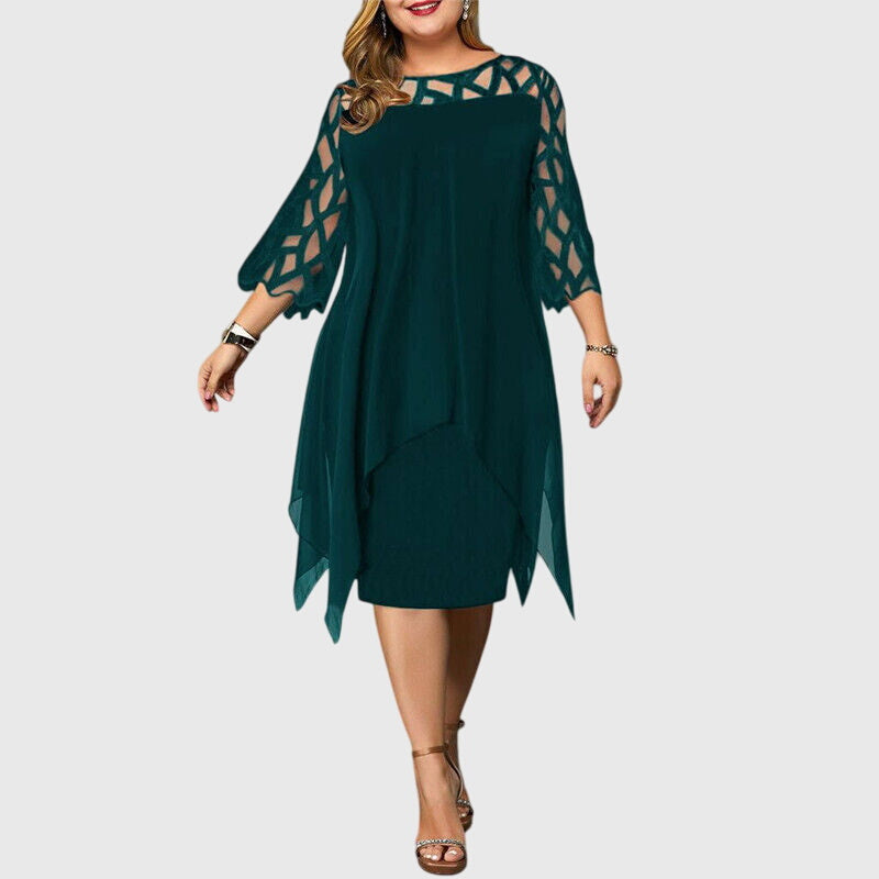 Elegant Chiffon Midi Dress for Women with Lace Yoke Long Sleeve Handkerchief Hem Formal Wedding Guest Style