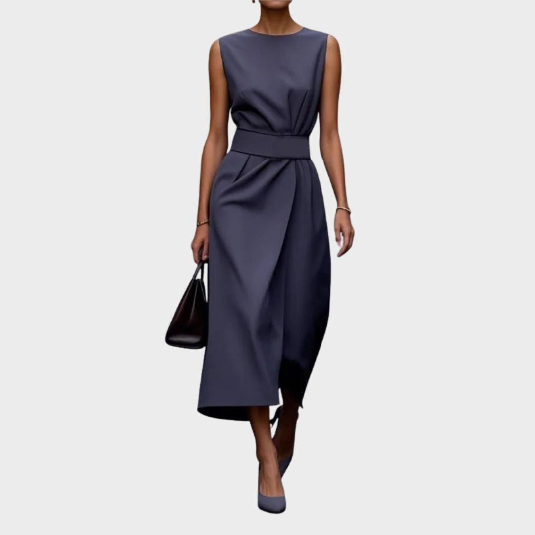 Elegant Satin Midi Dress for Women with Round Neck Sleeveless Wrap Waist Formal Wedding Guest Style