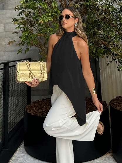 Effortless Chiffon Halter Top for Women with High Neck Sleeveless Flowing Asymmetrical Hem Style