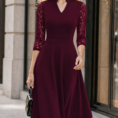 Elegant Lace Trim Midi Dress for Women with Notch V Neck Elbow Sleeve Fit and Flare Cocktail Style