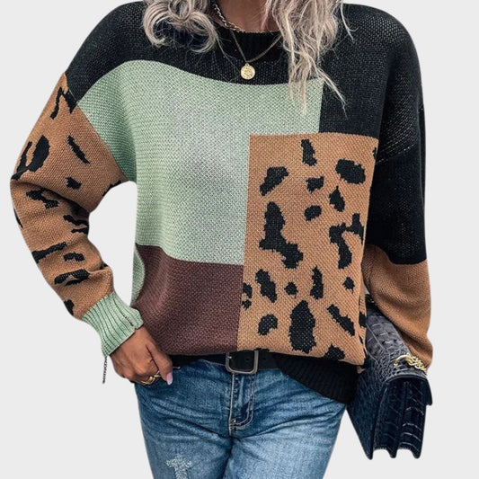 Comfortable Leopard Print Colorblock Sweater for Women with Crew Neck Long Sleeve Relaxed Oversized Knit Style