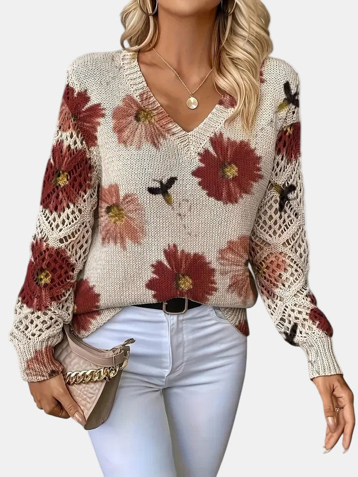 Comfortable Floral Print Sweater for Women with V Neck Long Sleeve Crochet Lace Oversized Knit Style
