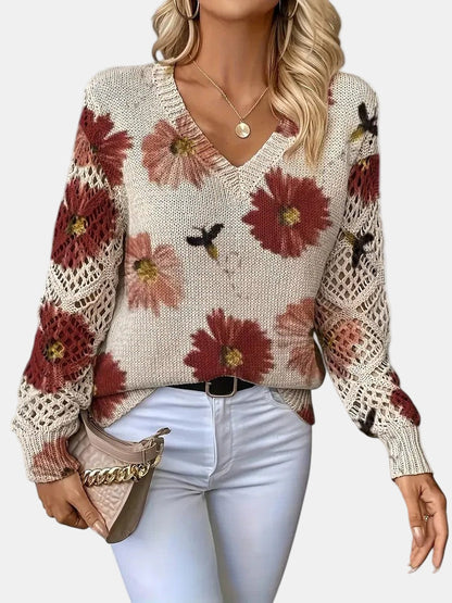 Comfortable Floral Print Sweater for Women with V Neck Long Sleeve Crochet Lace Oversized Knit Style
