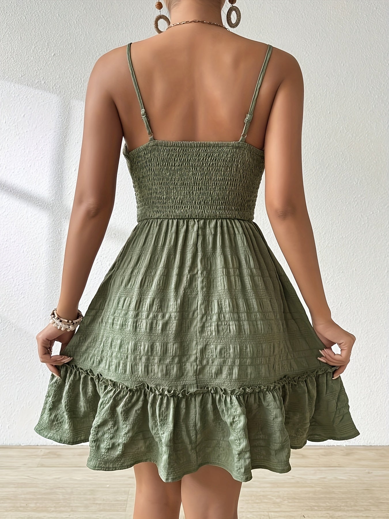 Effortless Textured Mini Dress for Women with Square Neck Spaghetti Strap Smocked Ruffle Hem Bohemian Style