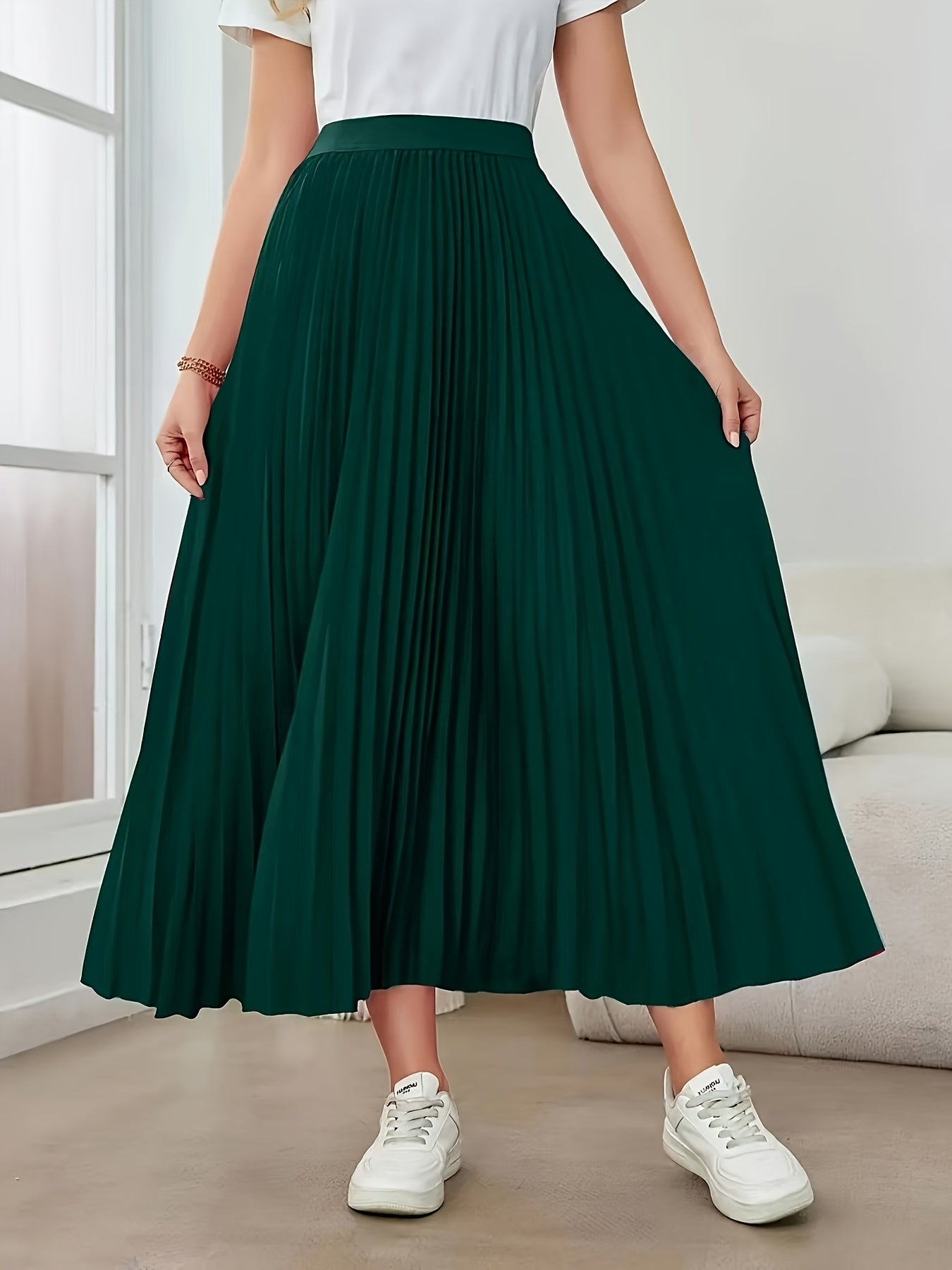 Elegant Dark Green Pleated Maxi Skirt for Women with High Waist A Line Flowing Style