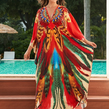 Elegant Multicolor Feather Print Kaftan Dress for Women with V Neck Batwing Sleeve Beaded Flowing Bohemian Style
