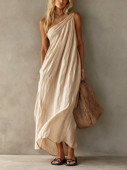 Effortless Draped Maxi Dress for Women with One Shoulder Sleeveless Ruched Flowing Bohemian Style