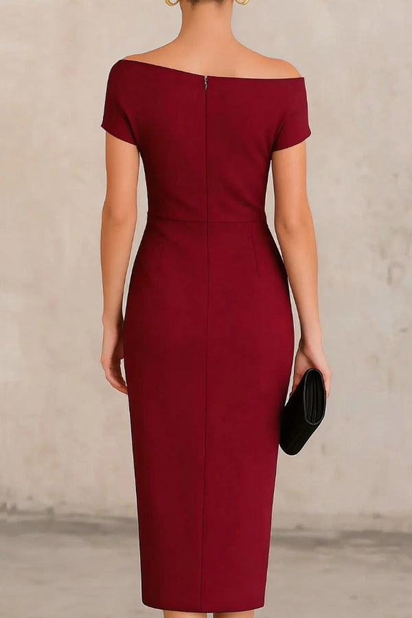 Elegant Draped Midi Dress for Women with Off Shoulder Cap Sleeve Ruched Wrap Bodycon Cocktail Style