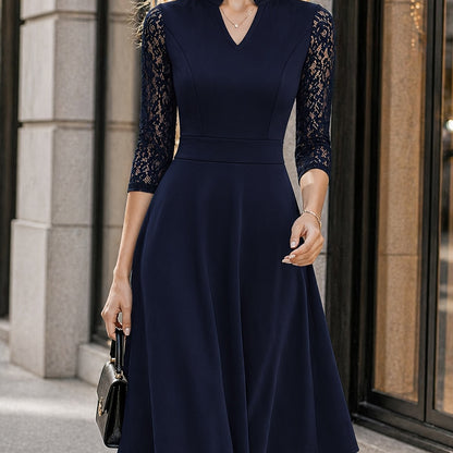 Elegant Lace Trim Midi Dress for Women with Notch V Neck Elbow Sleeve Fit and Flare Cocktail Style