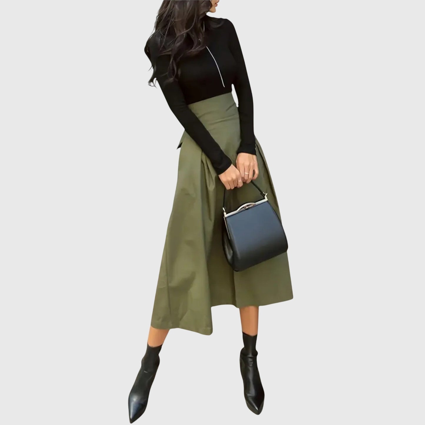 Elegant Green Midi Skirt for Women with High Waist A Line Pleated Wrap Front Casual Style