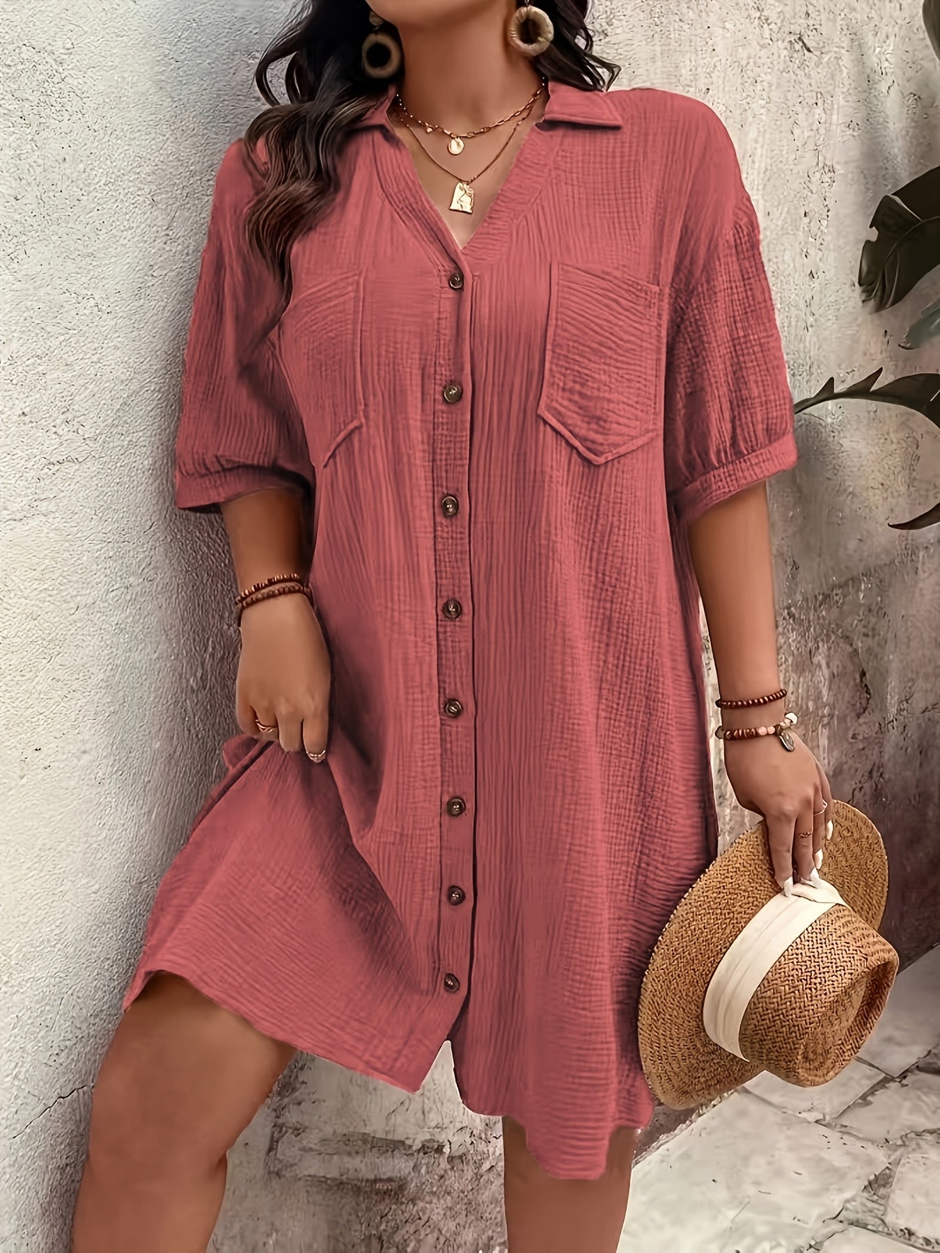 Effortless Textured Cotton Shirt Dress for Women with Collar Elbow Sleeve Button Front Patch Pocket Casual Style