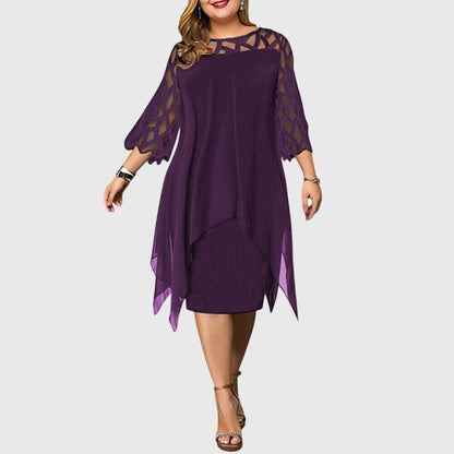 Elegant Chiffon Midi Dress for Women with Lace Yoke Long Sleeve Handkerchief Hem Formal Wedding Guest Style