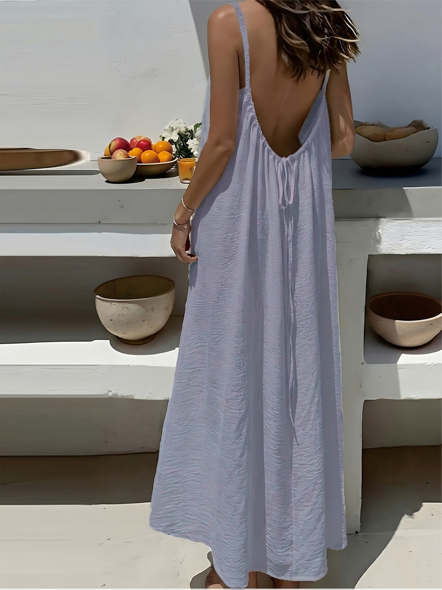 Effortless Crinkled Maxi Dress for Women with Scoop Back Spaghetti Strap Drawstring Flowing Bohemian Style