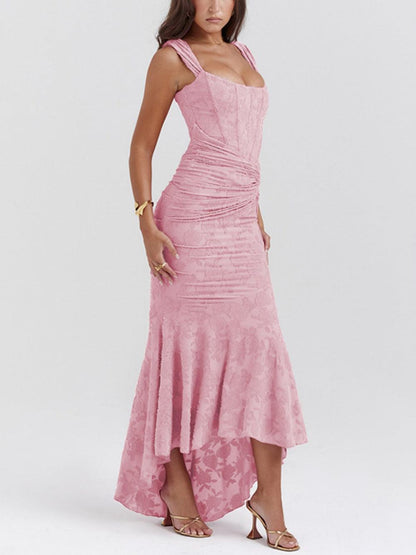 Elegant Floral Lace Maxi Dress for Women with Square Neck Sleeveless Corset Ruched Mermaid Style