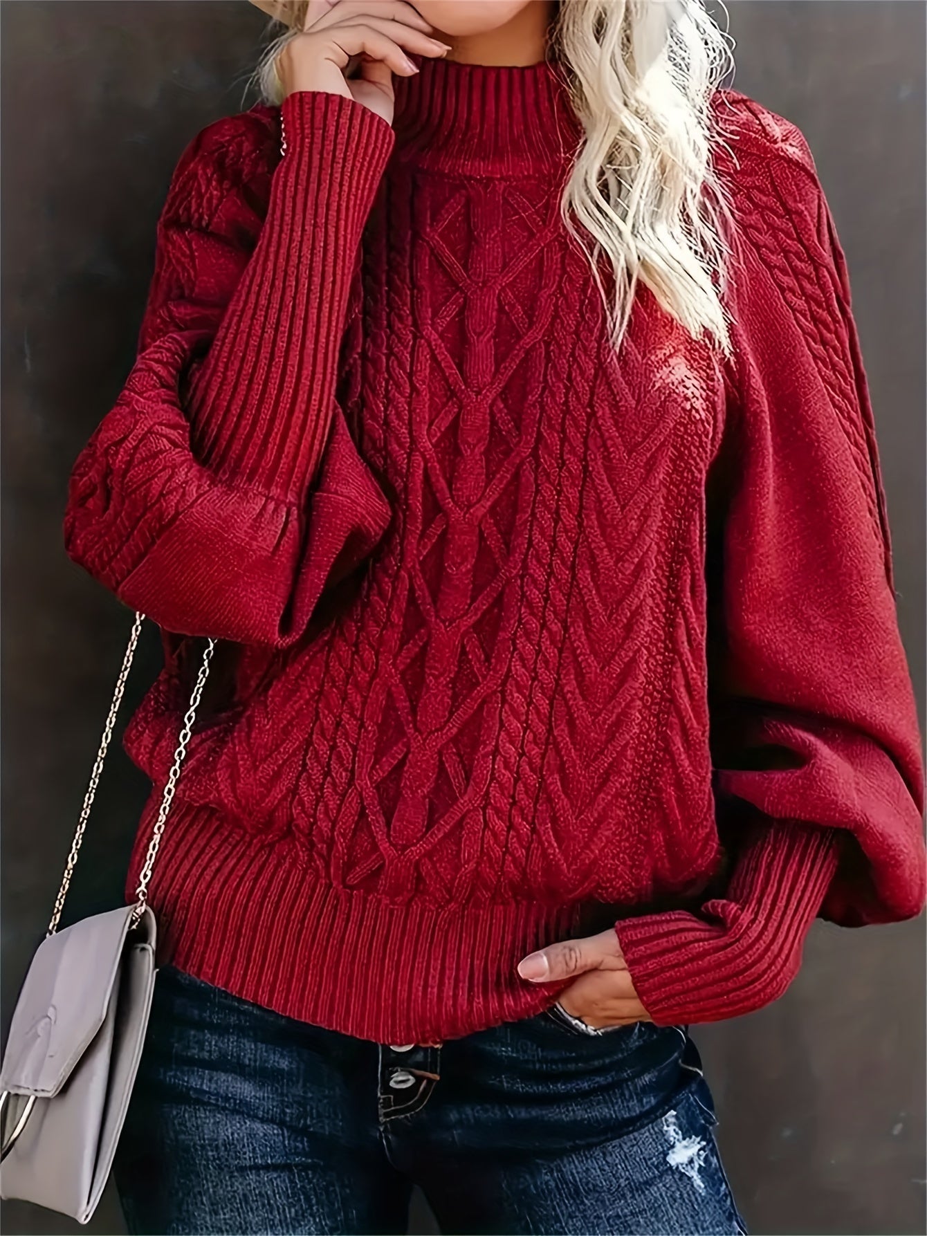 Comfortable Cable Knit Sweater for Women with Mock Neck Long Sleeve Relaxed Oversized Knit Style