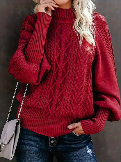 Comfortable Cable Knit Sweater for Women with Mock Neck Long Sleeve Relaxed Oversized Knit Style