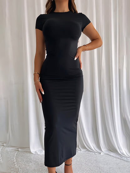 Elegant Bodycon Maxi Dress for Women with Round Neck Short Sleeve Ruched Cocktail Style