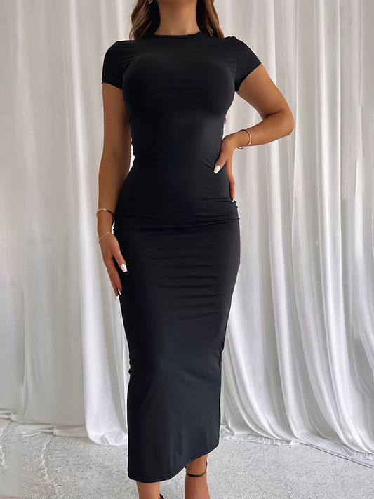 Elegant Bodycon Maxi Dress for Women with Round Neck Short Sleeve Ruched Cocktail Style