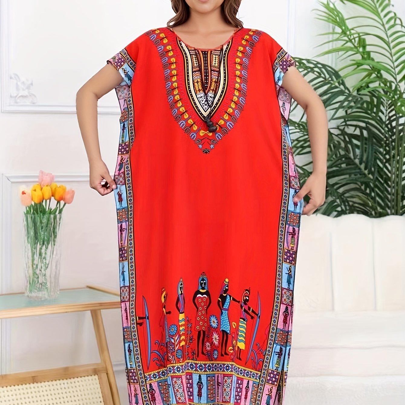 Effortless Dashiki Print Kaftan Dress for Women with V Neck Short Sleeve Relaxed Bohemian Style
