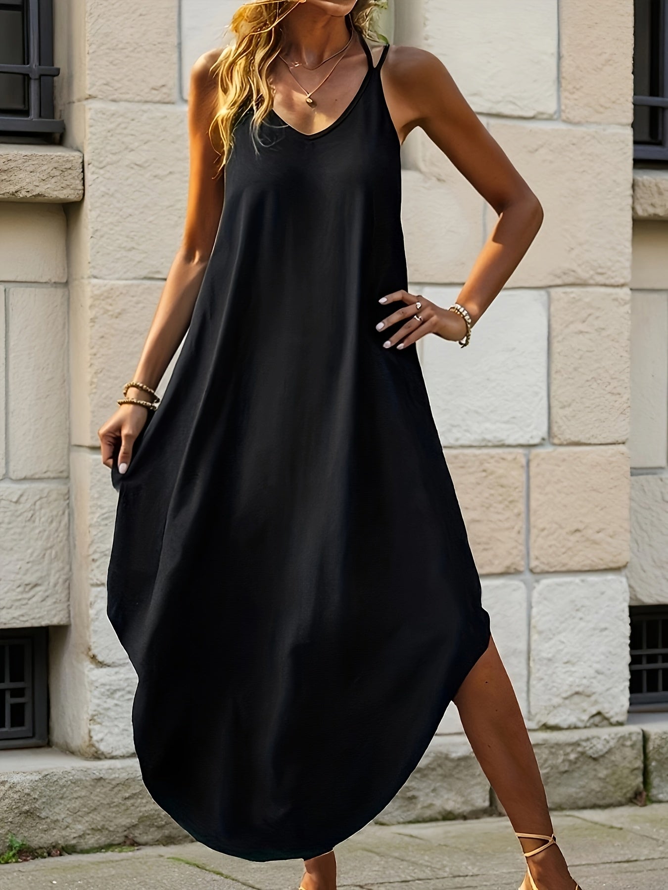 Effortless Black Maxi Dress for Women with V Neck Spaghetti Strap Cocoon Flowing Bohemian Style