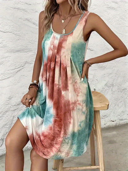 Effortless Tie Dye Mini Dress for Women with Scoop Neck Sleeveless Pleated Flowy Bohemian Style