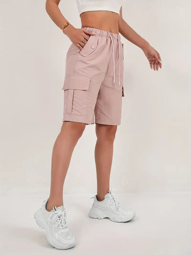 Effortless Pink Cargo Shorts for Women with Elastic Waist Drawstring Flap Pocket Relaxed Casual Style