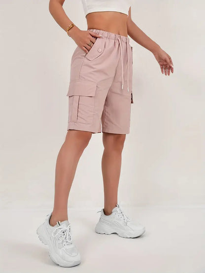 Effortless Pink Cargo Shorts for Women with Elastic Waist Drawstring Flap Pocket Relaxed Casual Style
