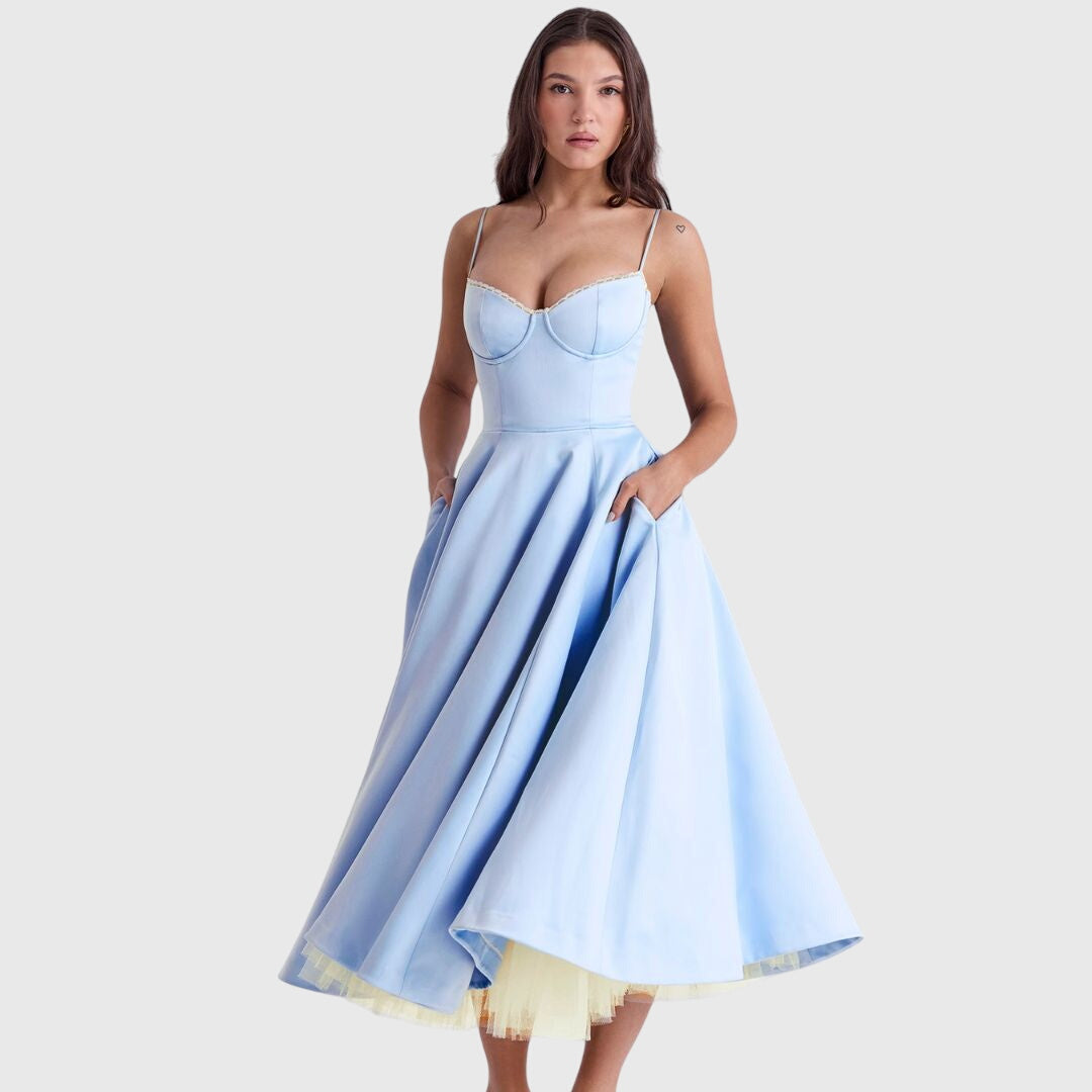 Elegant Strapless Midi Dress for Women with Sweetheart Neckline Full Skirt Formal Wedding Guest Style