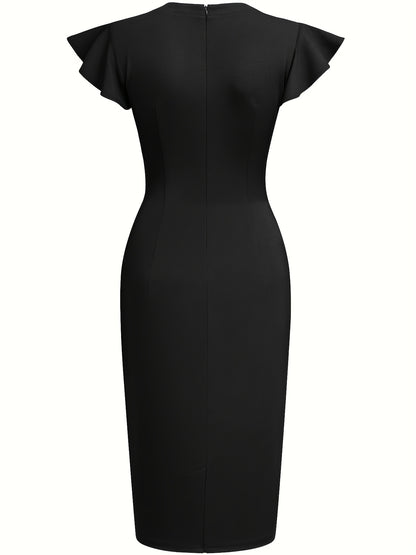 Elegant Studded Sheath Dress for Women with Round Neck Flutter Sleeve Bodycon Cocktail Style