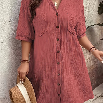 Effortless Textured Cotton Shirt Dress for Women with Collar Elbow Sleeve Button Front Patch Pocket Casual Style