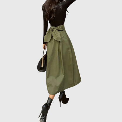 Elegant Green Midi Skirt for Women with High Waist A Line Pleated Wrap Front Casual Style