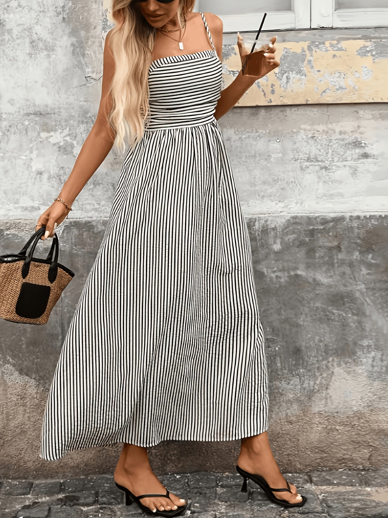 Elegant Black and White Striped Maxi Dress for Women with Square Neck Sleeveless Smocked High Low Style