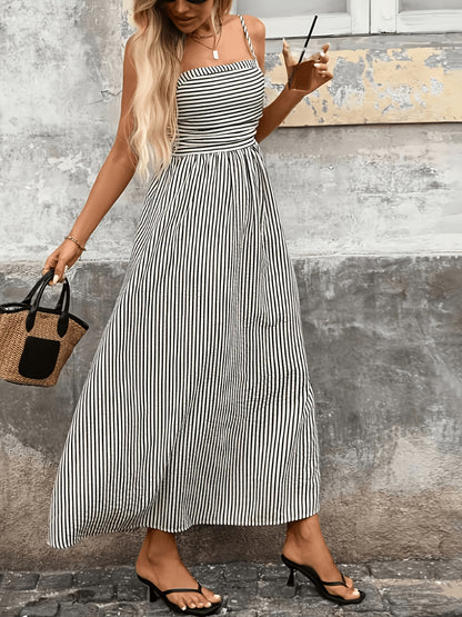 Elegant Black and White Striped Maxi Dress for Women with Square Neck Sleeveless Smocked High Low Style