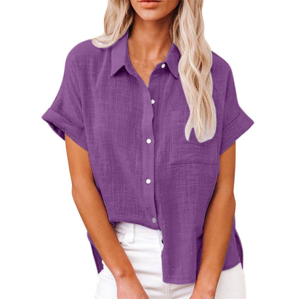 Effortless Linen Blouse for Women with Collar Short Sleeve High Low Hem Relaxed Style