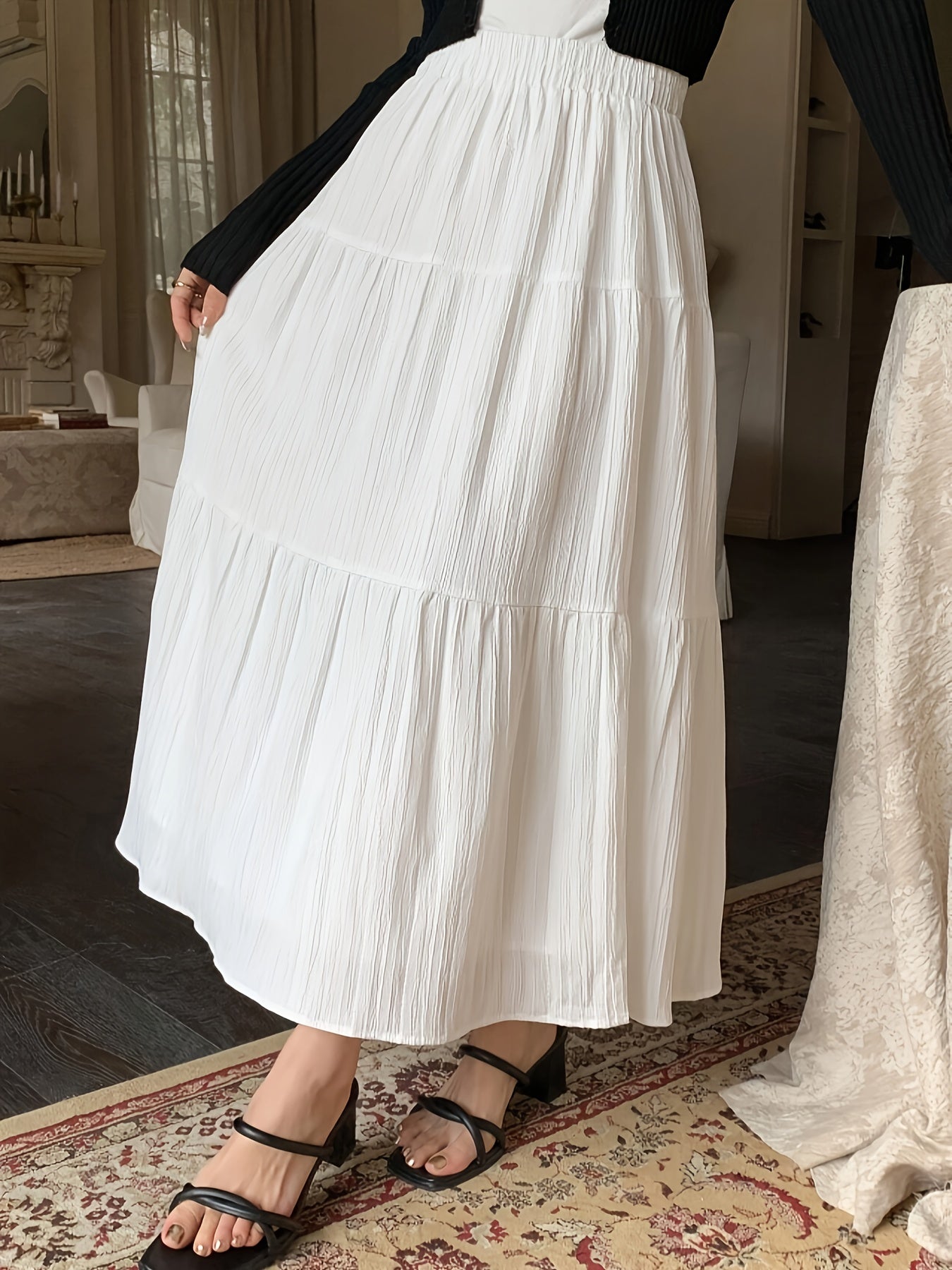 Elegant White Tiered Maxi Skirt for Women with High Waist Elastic Flowing A Line Style