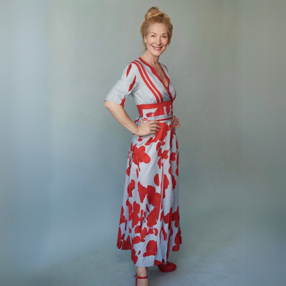 Elegant Blue Floral Maxi Dress for Women with V Neck Elbow Sleeve Wrap Flowing Style