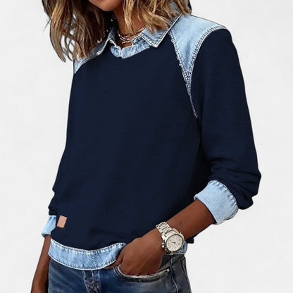 Effortless Denim Colorblock Sweatshirt for Women with Shirt Collar Long Sleeve Raglan Contrast Casual Style