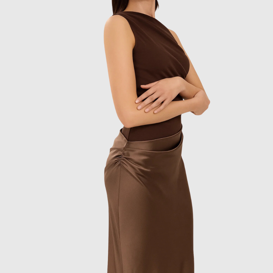 Elegant Satin Maxi Dress for Women with One Shoulder Ruched Bodice Column Formal Wedding Guest Style