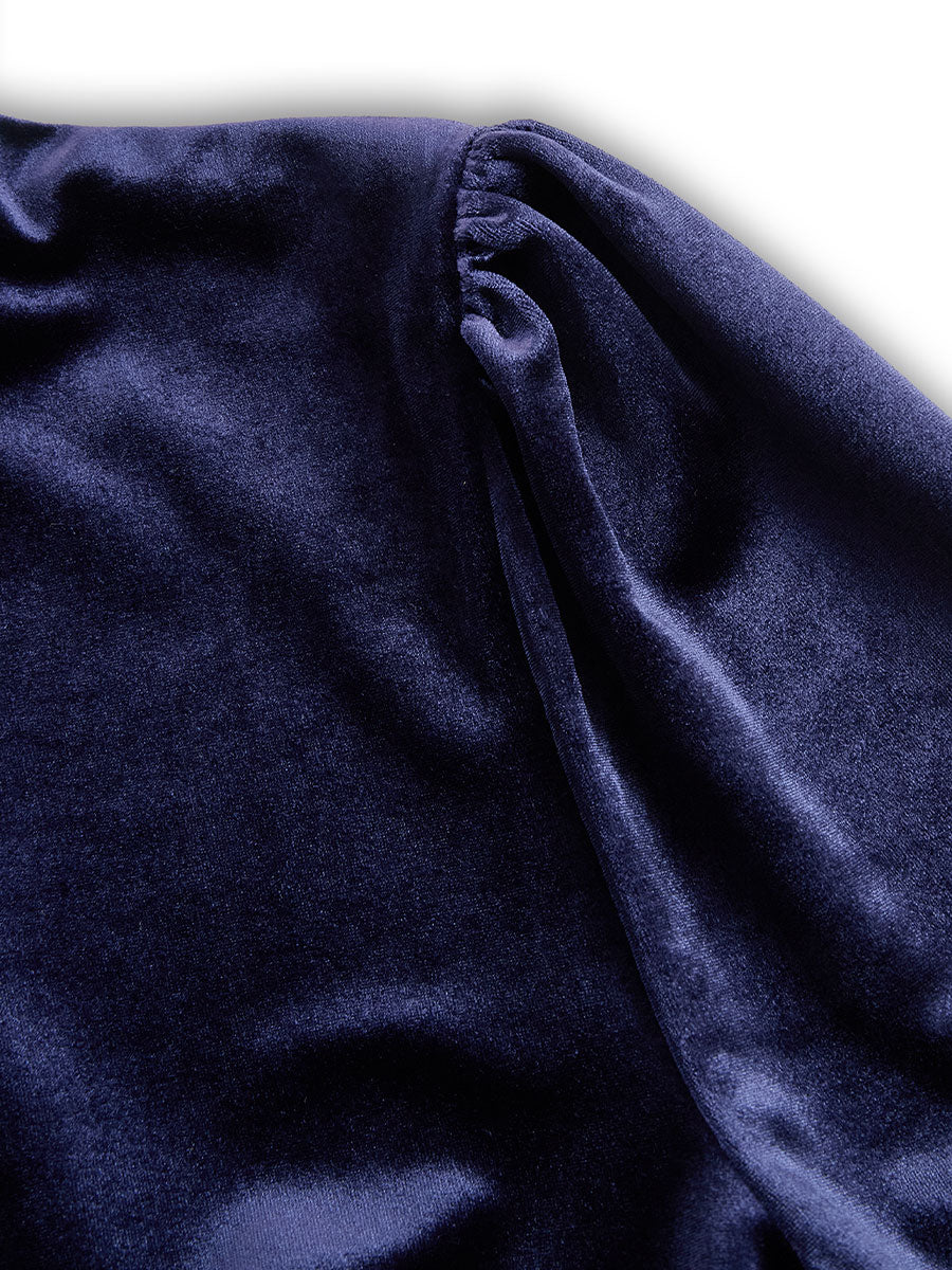 Elegant Navy Blue Velvet Maxi Dress for Women with High Neck Long Sleeve Fit and Flare Formal Wedding Guest Style