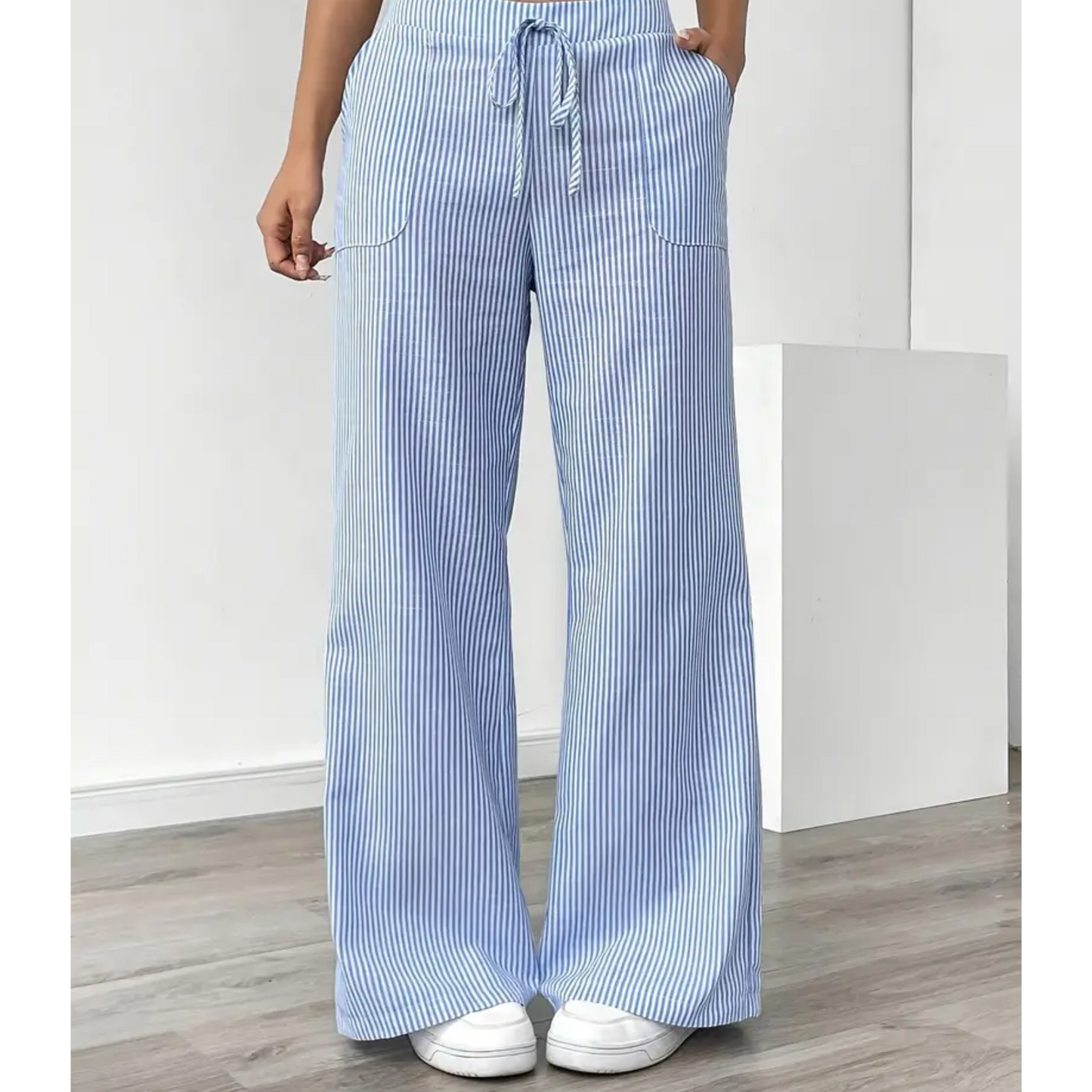 Effortless Striped Wide Leg Pants for Women with High Waist Drawstring Side Pocket Relaxed Casual Style