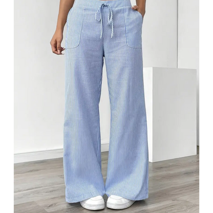 Effortless Striped Wide Leg Pants for Women with High Waist Drawstring Side Pocket Relaxed Casual Style