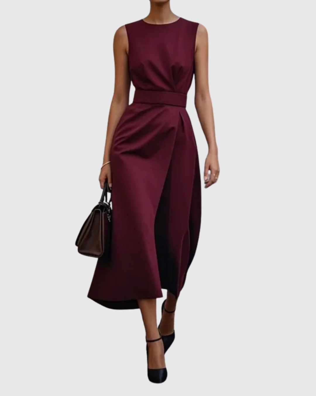 Elegant Satin Midi Dress for Women with Round Neck Sleeveless Wrap Waist Formal Wedding Guest Style