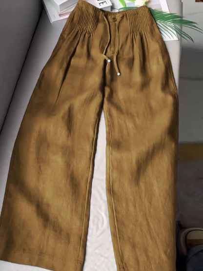 Effortless Linen Wide Leg Pants for Women with Smocked Waist Drawstring Relaxed Flowing Style