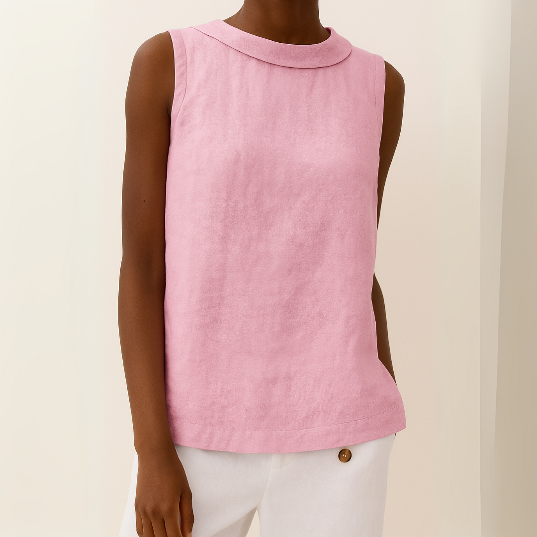 Effortless Linen Blouse for Women with Folded Collar Sleeveless Relaxed Curved Hem Casual Style