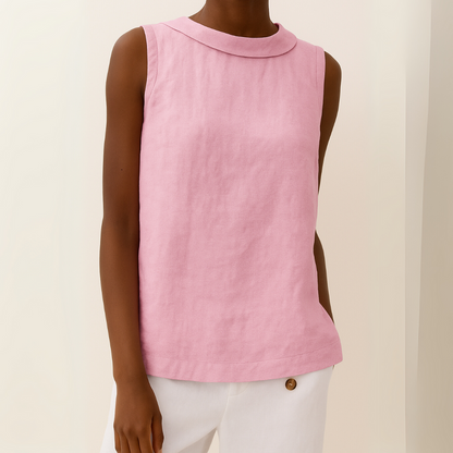 Effortless Linen Blouse for Women with Folded Collar Sleeveless Relaxed Curved Hem Casual Style