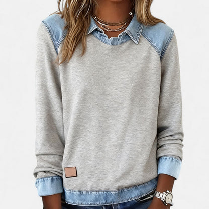 Effortless Denim Colorblock Sweatshirt for Women with Shirt Collar Long Sleeve Raglan Contrast Casual Style