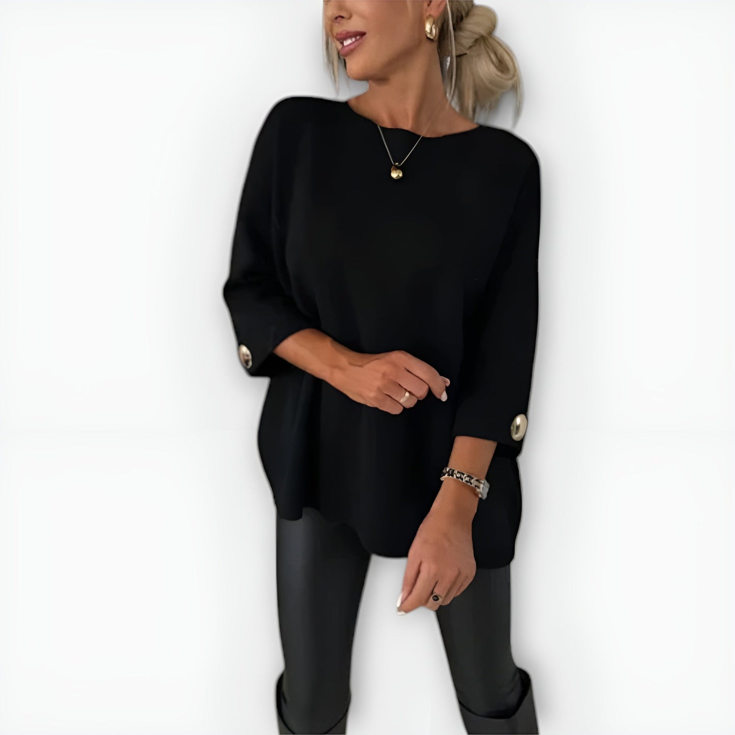 Comfortable Knit Sweater for Women with Round Neck Elbow Sleeve Button Cuff Relaxed Oversized Style