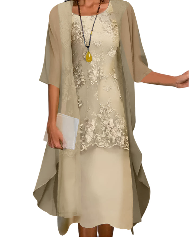 Elegant Chiffon Midi Dress for Women with Lace Jacket Two Piece Mother of the Bride Style