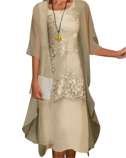 Elegant Chiffon Midi Dress for Women with Lace Jacket Two Piece Mother of the Bride Style